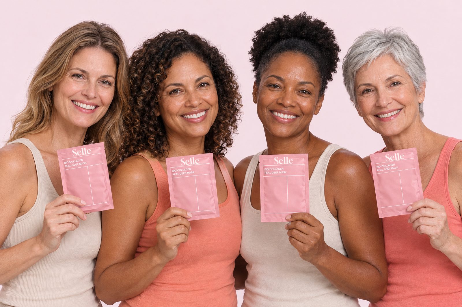 Quatro mulheres segurando o sachê da máscara Selle