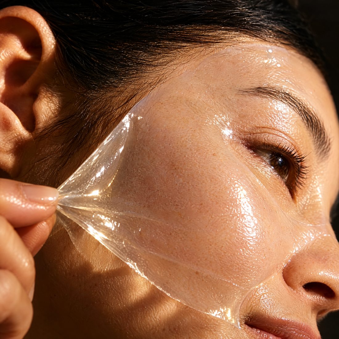 Folha de hidrogel transparente saindo do rosto de manhã